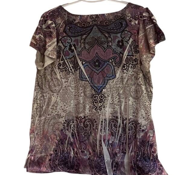 Unity Burgendy Blouse Sz 1XL Short Sleeves Unique Neckline Casual Work - Picture 2 of 5